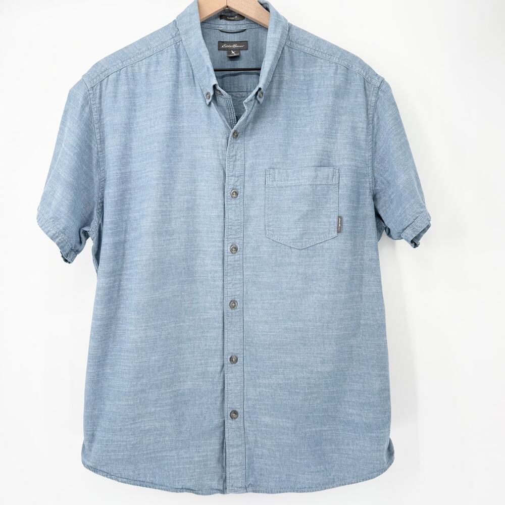 Eddie Bauer Mens XL Chambray Button Down Shirt Blue Short Sleeve 100% Cotton EUC - Picture 2 of 8